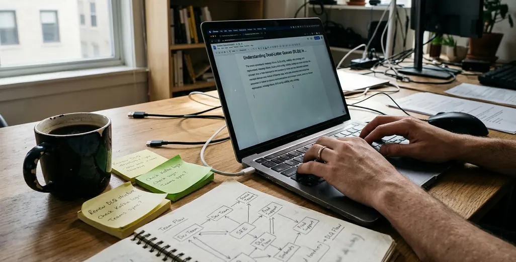 Content creation workspace, clean aesthetic but unposed a laptop tilted slightly off-center on a wooden