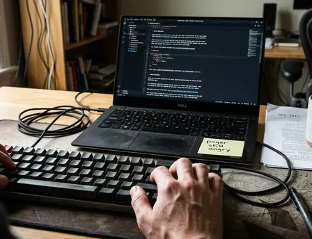 Candid shot of home office writing setup with laptop open to a half-drafted post